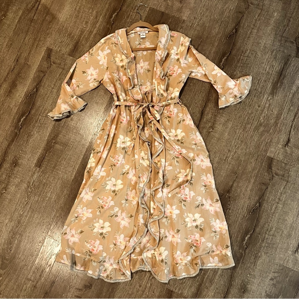 J M Fleurette Floral Floor MIDI Kimono Or Swim Cover Up, Robe Size Small